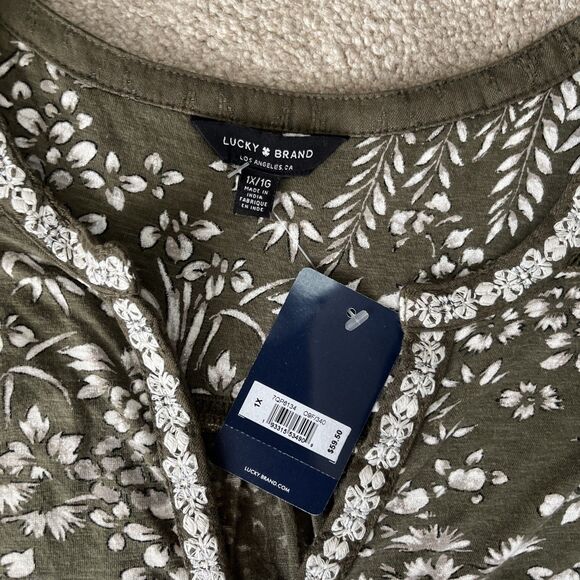 Lucky Brand Top Women 1X Olive Green Floral Embroidered Peasant Boho Cottagecore - Picture 2 of 5